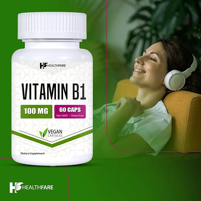 Vitamin B1 100mg | 60 Capsules | Thiamine Supplement | Supports Overall Health | Non-GMO | Gluten Free (60 Capsules)