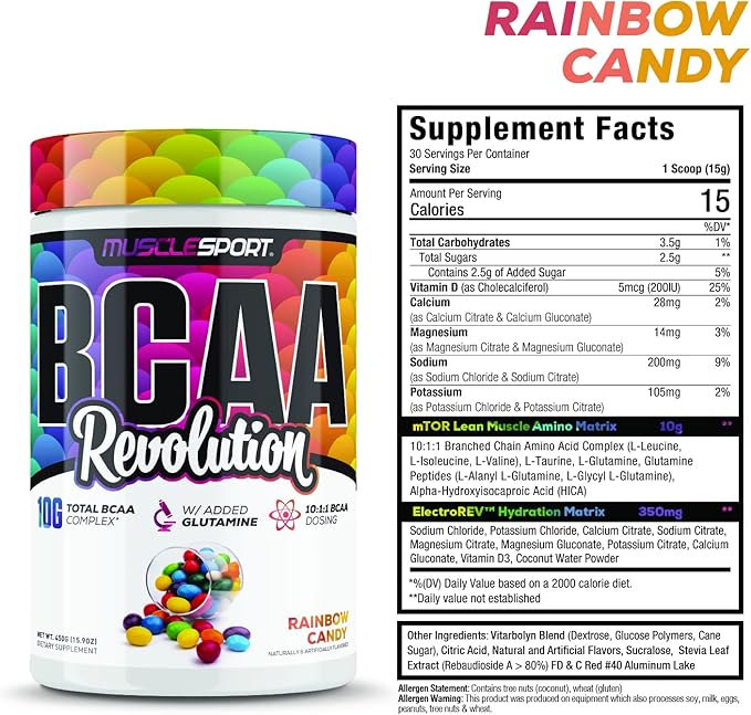 MuscleSport BCAA Revolution Amino Acid Powder Supplement for Men & Women - Intra Workout Training Complex - Recovery Supplement (Rainbow Candy, 30 Servings)