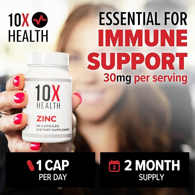 10X Health Zinc Supplements - Contains Zinc 30mg for DNA & Protein Synthesis, Overall Wellness & Immune Support Supplement - Highly Absorbable Vitamins (60 Capsules)