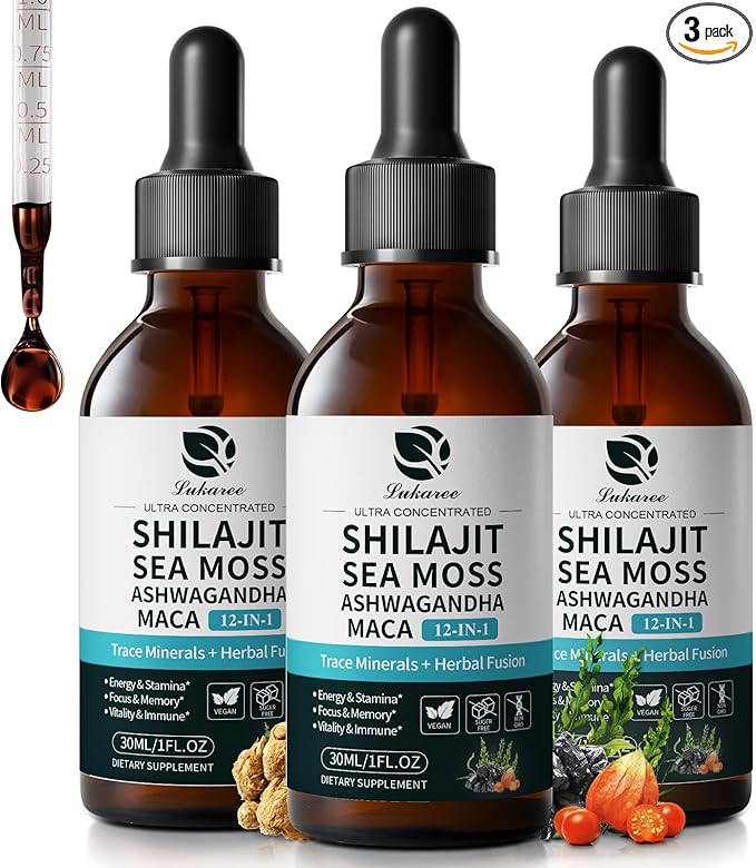 (3 Pack) Lukaree Shilajit Liquid Drops with Sea Moss, Ashwagandha, Maca, Fulvic Acid, Trace Minerals, 12-IN-1 Liquid Vitamins Supplement for Men and Women, Energy, Antioxidant, Immune Support, 3 FL OZ