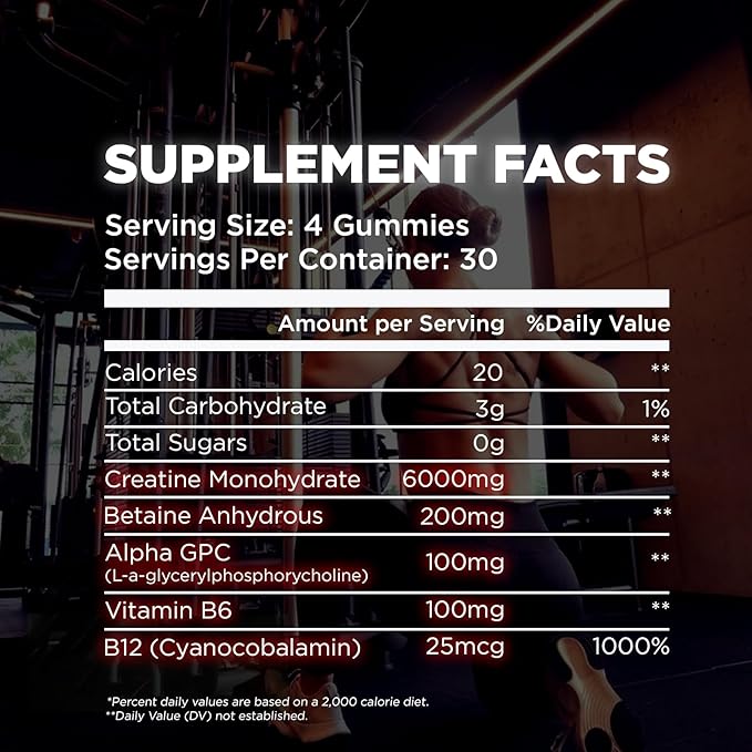 Creatine Monohydrate Gummies - 6G Serving - Creatine Monohydrate, Alpha GPC, Betaine Anhydrous, B12, B6 - No Sugar - Berry Blast - 120 Gummies