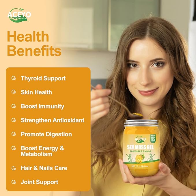ACEYO (12 OZ Irish Sea Moss Gel Raw Vegan Pineapple Flavor 102 Vitamins and Minerals Wild Harvested Non-GMO Immune Defense Booster Thyroid Digestive Support