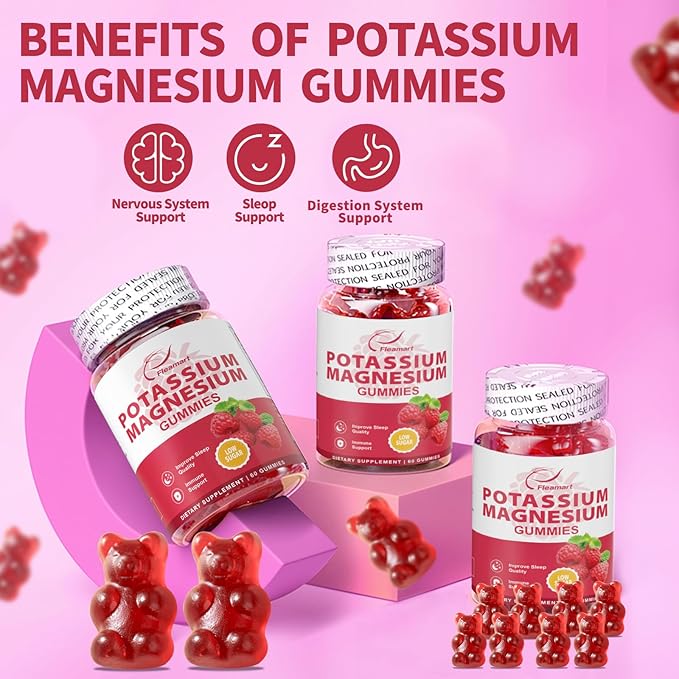 Potassium Magnesium Gummies Potassium Citrate 99mg Magnesium Citrate 250mg Magnesium Potassium Complex Supplement, Immune Support, 60 Raspberry Gummies