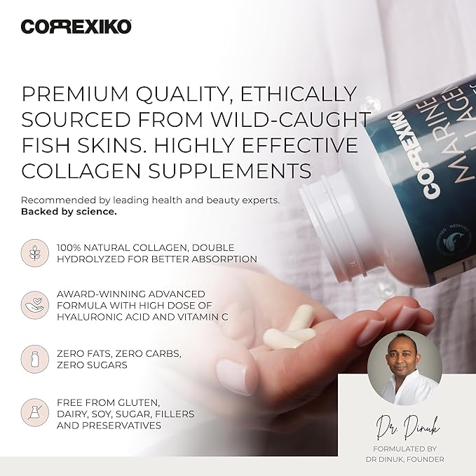 CORREXIKO Marine Collagen Supplement Pills - 1800mg Hydrolyzed Collagen Peptides per Serving with Added Hyaluronic Acid, Vitamin C & Minerals - for Hair, Skin & Nails - 240 Capsules 2 Month Supply