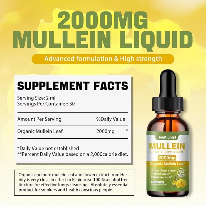 1 Pack Mullein Drops for Lungs - Leaf Extract Liquid - Powerful Mullein for Immune Support, Cleanse - Detox & Respiratory, Digestive System, Natural Herbal Supplement Tincture, Tea - 2 fl oz Vegan