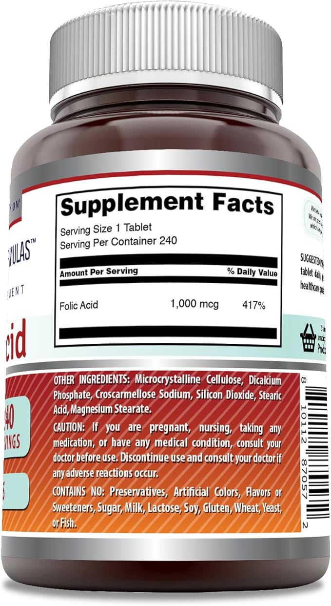 Amazing Formulas Folic Acid 1000 mcg (1 mg) Tablets Supplement | Vitamin B9 | Non-GMO | Gluten Free | Made in USA (240 Count | 2 Pack)