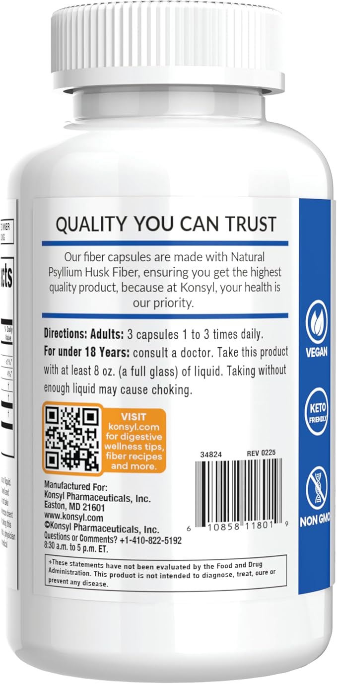 Konsyl Daily Psyllium Fiber Capsules - Contains 1500mg of All-Natural Psyllium Husk Powder per Serving - Supports Digestive Health and Weight Management Goals+ (200 Count (Pack of 2), Psyllium Husk)