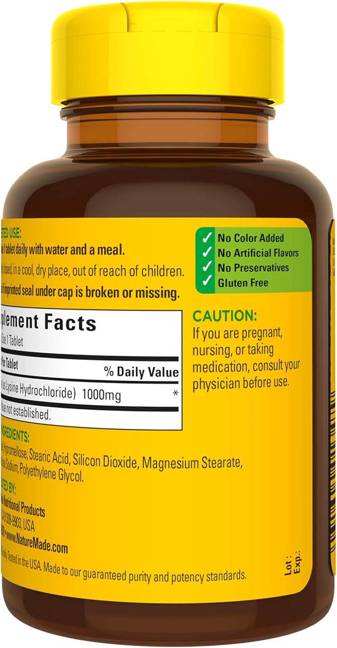 Nature Made L-Lysine 1000 mg, Dietary Supplement, 60 Tablets, 60 Day Supply
