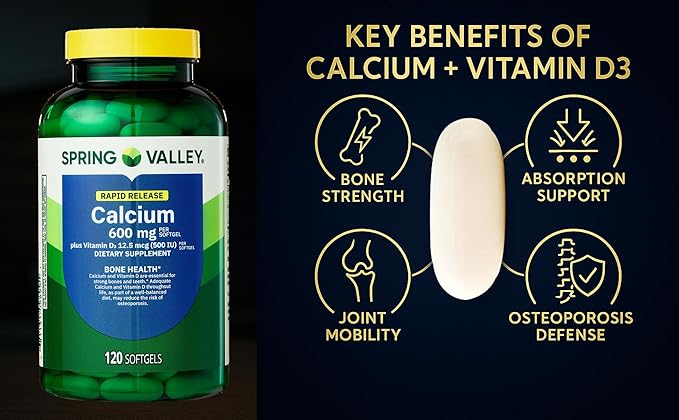 Spring Valley Calcium 600 mg + Vitamin D3, 120 Softgels | Bone Health, Strong Teeth & Osteoporosis Support | Rapid-Release Capsules, Gluten-Free Supplement Bundle with Luall's 45 Diabetes Decoded