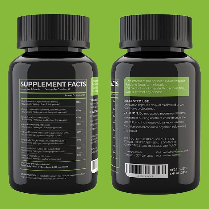 Shilajit and Ashwagandha Capsules, 8-in-1 Herbal Multivitamin for Men and Women, with Rhodiola Rosea, Ginseng, and Stinging Nettle, Shilajit for Men and Women