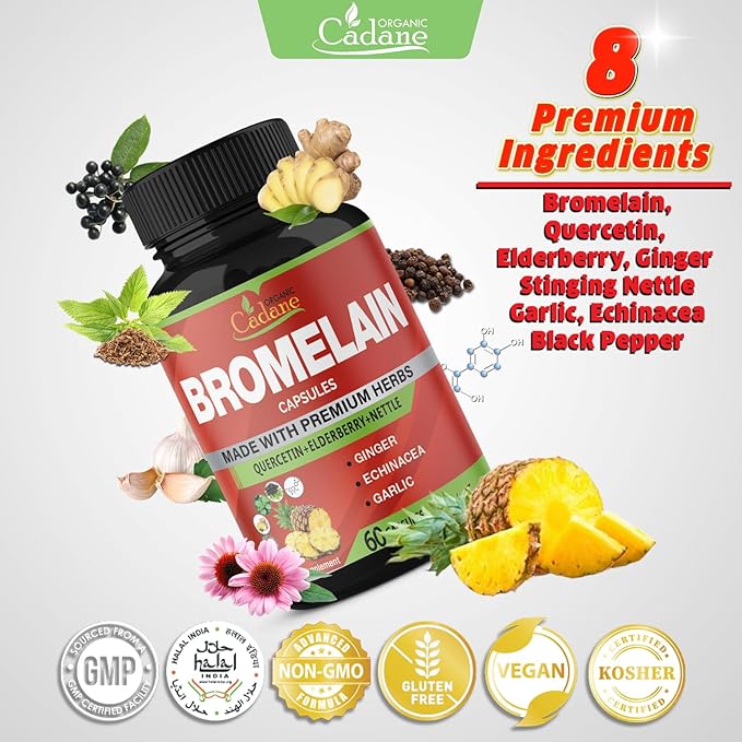 Organic Cadane Bromelain Extract Capsules, 8in1 with Quercetin, Elderberry, Nettle, Ginger, Echinacea, Garlic, Black Pepper - Support Digestion Health & Immune System - 60 Capsules