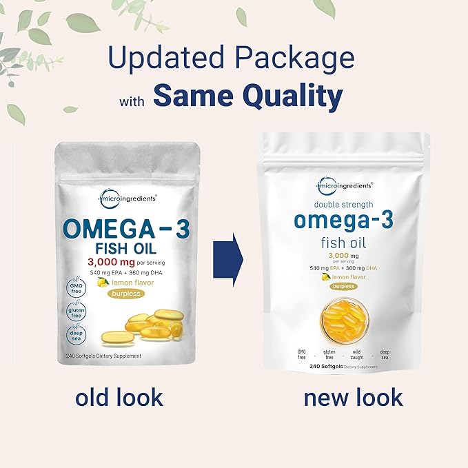 Micro Ingredients Omega 3 Fish Oil Supplements 3,000mg Per Serving, 240 Softgels | Lemon Flavored – Burpless | EPA 540mg + DHA 360mg | Heart & Brain Support | Deep Sea Fish