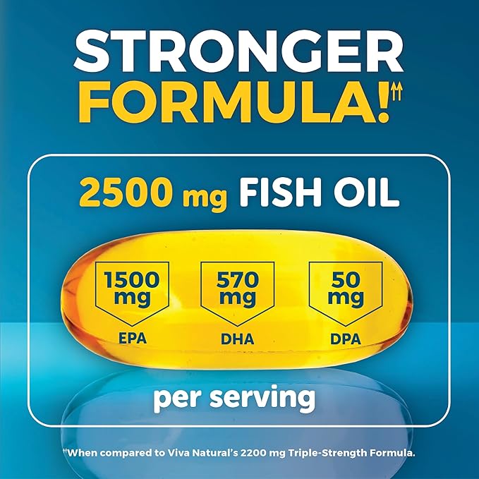 Viva Naturals Omega 3 Fish Oil Supplement for Women and Men - 2500 mg Triple Strength Fish Oil Pills with Re-Esterified Omega 3 Fatty Acids Including EPA, DHA DPA - 90 Pescatarian-Friendly Softgels