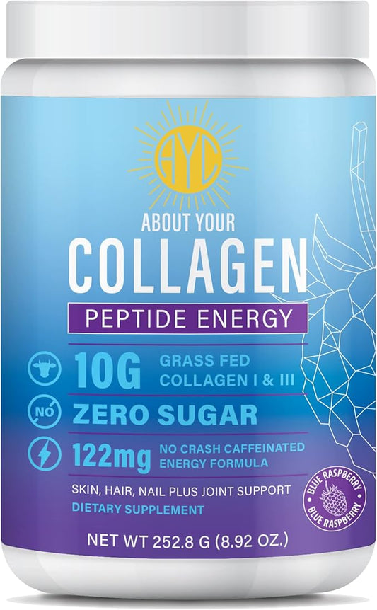 Peptide Energy Collagen Powder Hair, Nail, Skin, Type I & III,Caffeine for Energy, Vitamin C, Biotin, Hyaluronic Acid, Zero Sugar – 8.92 oz (Blue Raspberry)