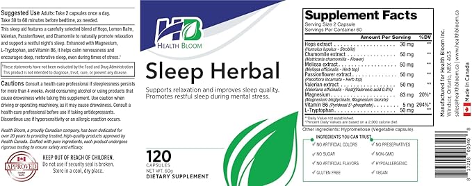 Sleep Herbal | 120 Capsules | Health Bloom | Vitamins and Minerals Supplements |