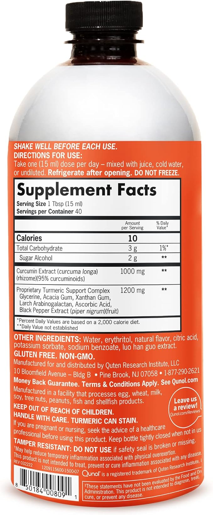 Qunol Liquid Turmeric Curcumin with Black Pepper, Turmeric Supplement 1000mg, Extra Strength, Joint Health, 40 Servings, 20.3 fl oz