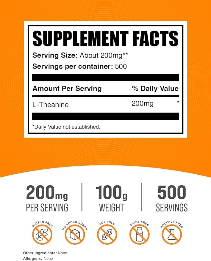 BulkSupplements.com L-Theanine Powder - L-Theanine Supplement, L-Theanine 200mg - Amino Amino Supplement, Pure & Gluten Free, 200mg per Serving, 100g (3.5 oz) (Pack of 1)