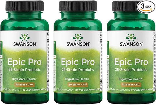 Swanson Epic-Pro 25-Strain Probiotic 30 Billion CFU Digestive Health Immune System Support Prebiotic Nutraflora FOS 30 DRcaps Veggie Capsules (Caps) (3 Pack)