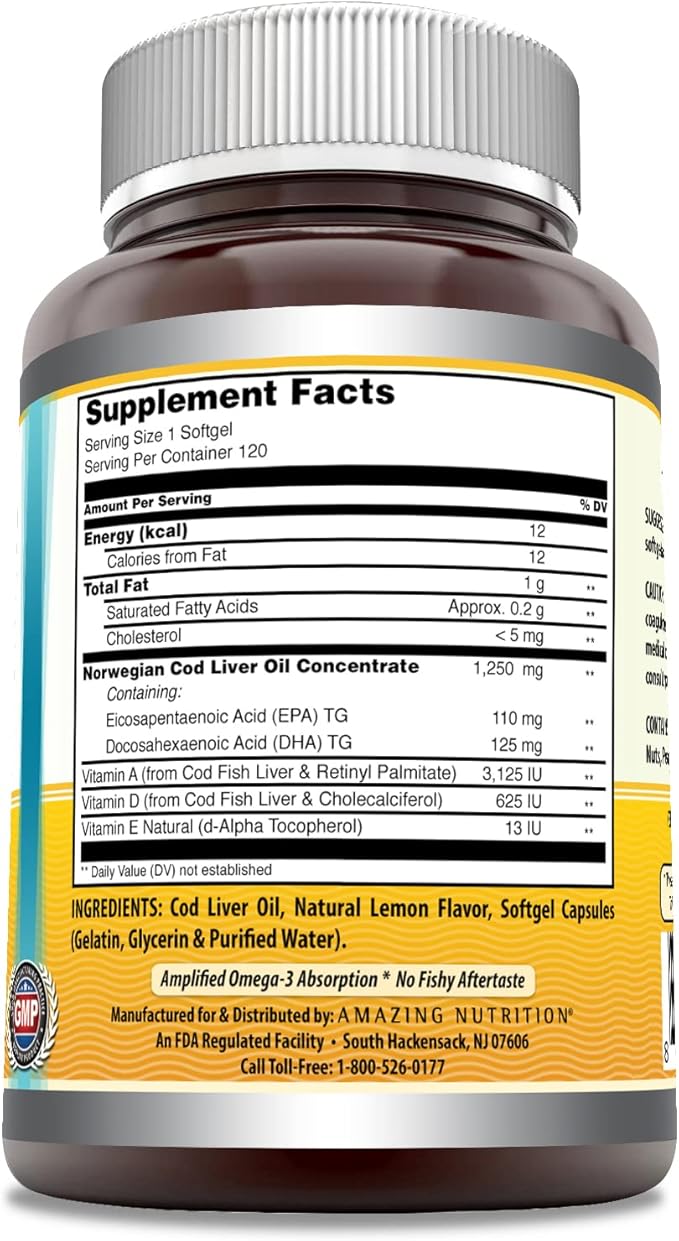 Amazing Omega Norwegian Cod Liver Oil 1250 Mg Softgels Supplement | Omega-3, EPA, DHA, Vitamin A, Vitamin D & Vitamin E (Lemon | 120 Count)