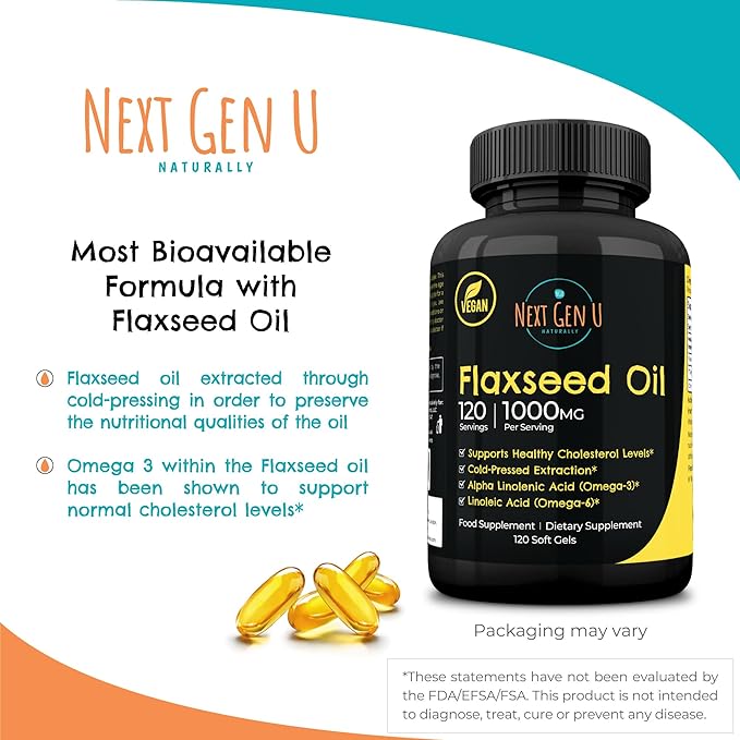 Flaxseed Oil Capsules - 1000 mg - 120 Vegan Soft Gels - High in Omega 3, 6, 9 - Cold Pressed Flax Seed Formula - 4 Months Supply - by NextGenU