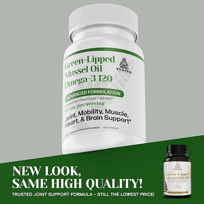 TURNER New Zealand Green Lipped Omega-3 Mussel Oil, 53x Higher Potency with UAF1000+ Super Antioxidant for Superior Joint Comfort & Mobility, No Fishy Aftertaste, 1 Bottle, 120 Softgels