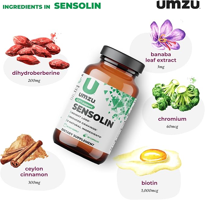 UMZU Sensolin GLP-1 Metabolic Support Supplement, Boost GLP-1 Production, Reduce Food Noise, Balance Mood, Clinically Advanced Berberine, Ceylon Cinnamon, Chromium (60 Capsule | 30 Day Supply)