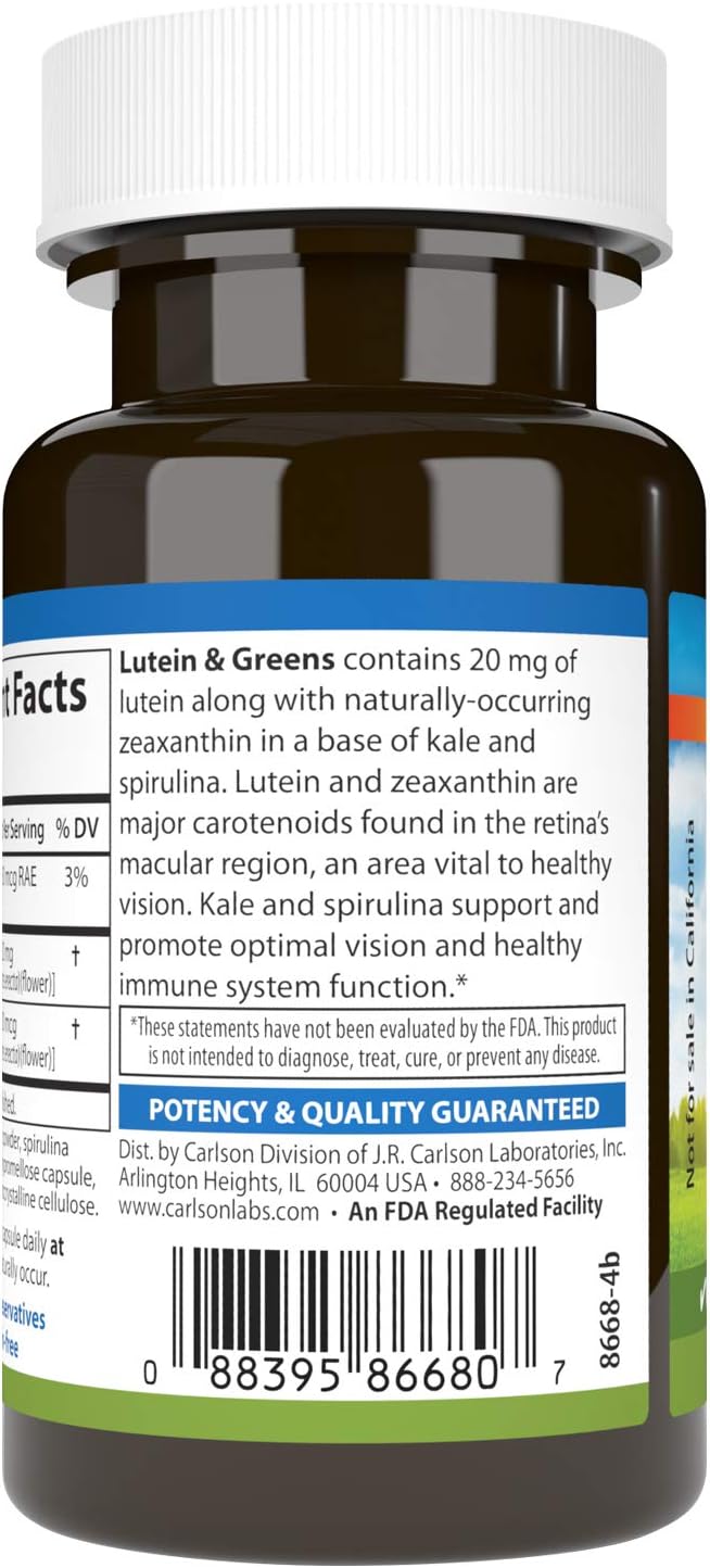 Carlson - Lutein & Greens, 20 mg, Vision Support & Eye Function, Antioxidant, 30 Vegetarian Capsules