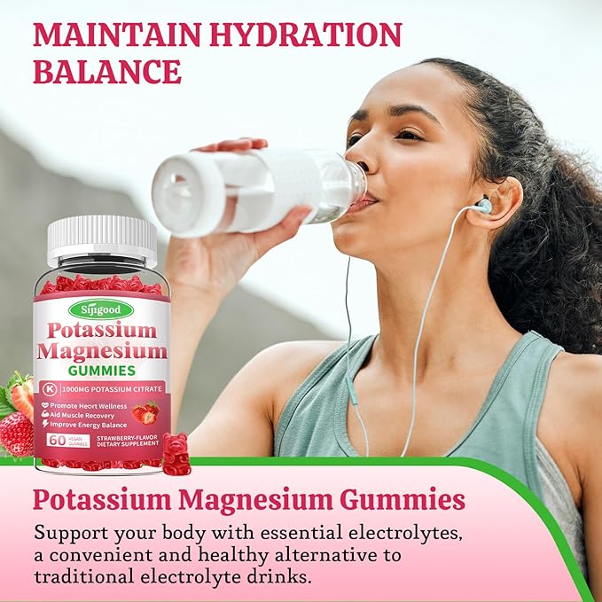 2 Pack Potassium Magnesium Gummies, High Absorption Magnesium Potassium Supplement with Vitamin B6 for Leg Cramps & Muscle Health, Strawberry, 120 Count