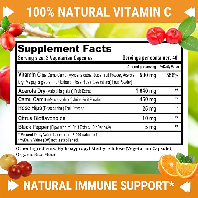 Fresh Healthcare 100% Natural Vitamin C - 500mg from Rose HIPS, Acerola Cherry & Camu Camu - High Absorption Immune Support, Skin, Joint & Collagen Booster with Citrus Biflavonoids - 120 Capsules