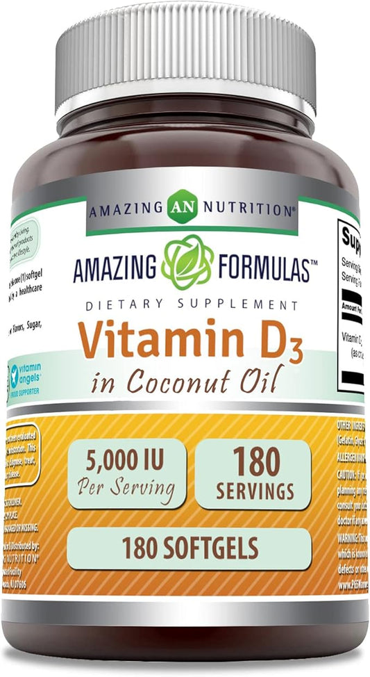 Amazing Formulas  Vitamin D3 with Coconut Oil Supplement |  5000  IU Per Serving | 180 Softgels | Non-GMO | Gluten Free | Made in USA