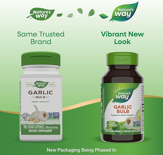 Nature's Way Garlic Bulb, Supports Heart Health*, Non-GMO Project Verified, 580 mg per Serving, Vegan, 100 Capsules (Packaging May Vary)
