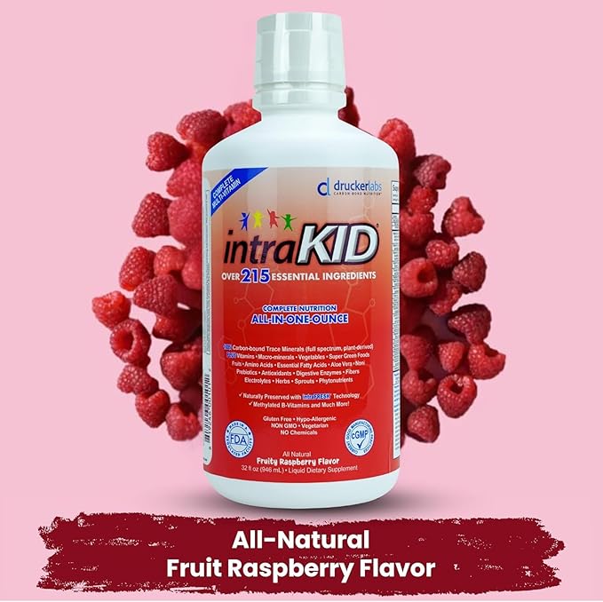 DRUCKER Labs 2.0 Organic Liquid Trace Minerals, Liquid Multivitamin for Kids, Immune Support, Non GMO, Dairy Free, Gluten Free, Magnesium, Vitamin D, C, E, Zinc, (32 oz., Fruity Raspberry)