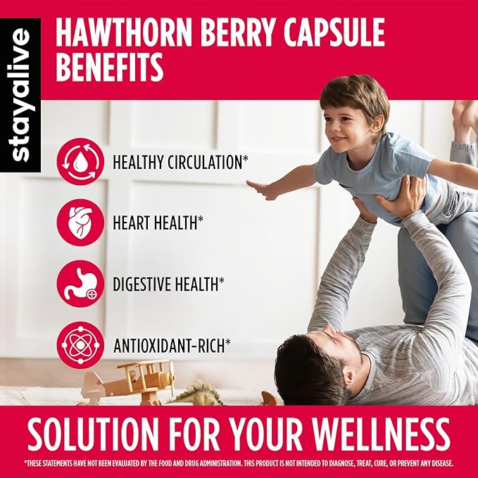 STAY ALIVE Extra Strength Hawthorn Berry Capsules, 20:1 Extract, 6-in-1 Antioxidant w/Citrus Bergamot, Turmeric Root Powder, Garlic, Arjuna & Black Pepper, 120 Vegan Pills, Hawthorne Berry Supplement