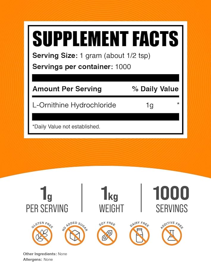 BulkSupplements.com L-Ornithine HCl Powder - Amino Acid Nutritional Supplements - Green Food Powder Supplement - Amino Acids Supplement - L Ornithine - Restless Legs Supplement (1 Kilogram - 2.2 lbs)