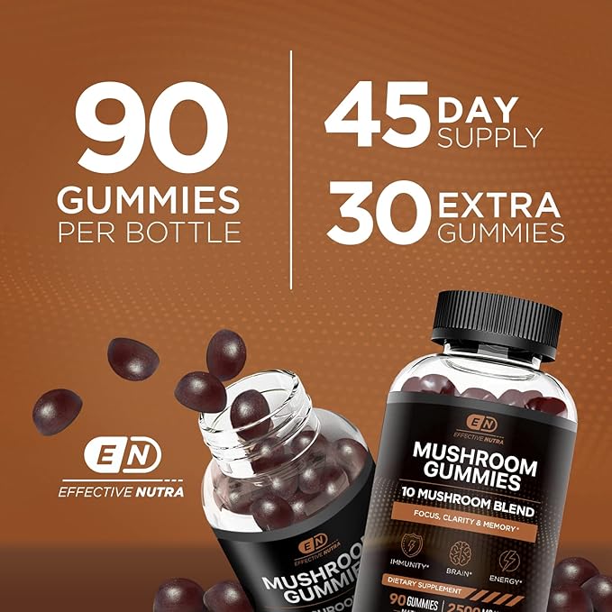 Mushroom Gummies 2500mg | 10 Blend w/Lions Mane, Reishi, Chaga, Cordyceps & More | Focus, Memory, Immunity, Energy | Natural Berry Flavor Supplement | Vegan, Made in USA (2-Pack)
