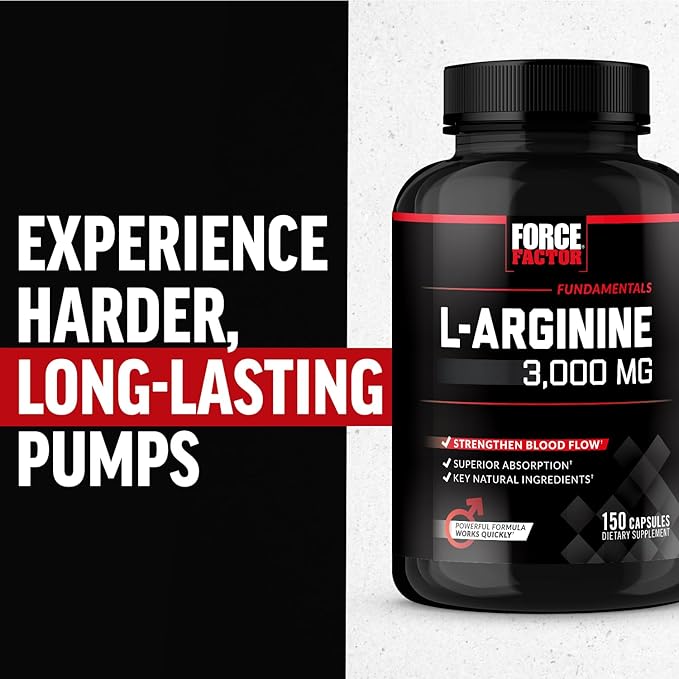 Force Factor L-Arginine, Nitric Oxide Supplement with BioPerine to Help Build Muscle & Support Stronger Blood Flow, Circulation, Nutrient Delivery, & Pumps, L-Arginine 3000mg, 150 Count (Pack of 2)