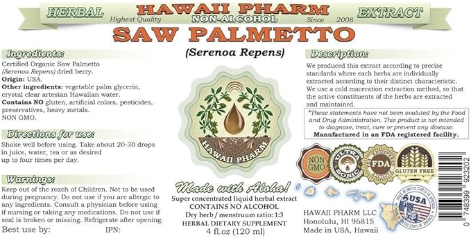 Saw Palmetto Alcohol-Free Liquid Extract, Organic Saw Palmetto (Serenoa Repens) Dried Berry Glycerite Natural Herbal Supplement, Hawaii Pharm, USA 32 fl.oz