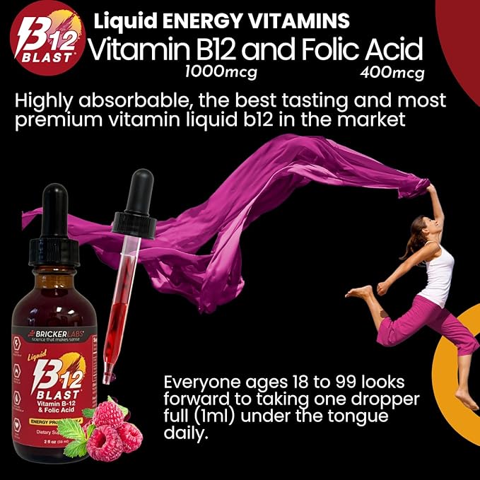 B-12 Blast Liquid Vitamin B12 and Folic Acid Supplement, Support Energy Production, Great Tasting Liquid Vitamin B12 Dietary Supplement in Natural Raspberry Flavor, 2 fl oz Bottle