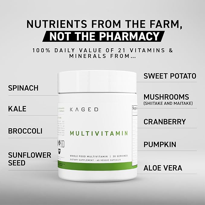 Kaged Multivitamin with Whole Foods Organic Fruits & Veggies Plant Based Vegan Multivitamin for Women and Men Vitamin C, D, E, B12 60 Servings