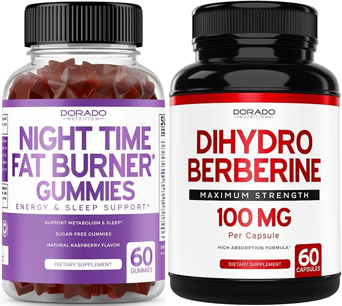 Night Time Fat Burner Gummies (60 Count) - Weight Loss & Metabolism Melatonin Supplement and Dihydroberberine (60 Capsules) Patented GlucoVantage Super Berberine - Third Party Tested, Vegan & USA Made