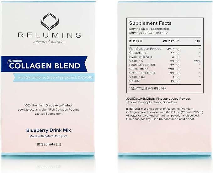 Relumins Marine Collagen Powder Drink Mix - Collagen Peptide with Glutathione, Green Tea, CoQ10, & Hyaluronic Acid Boosts Smooth Glowing Skin - 100 Powder Sachets x Mix Flavored
