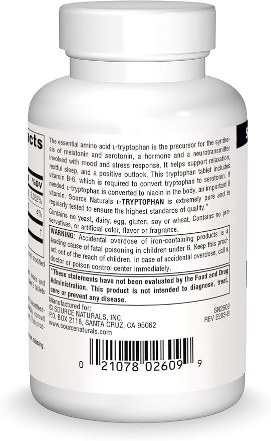 Source Naturals L-Tryptophan with Vitamin B-6 1000 mg Support Mood, Relaxation And Sleep - 60 Tablets