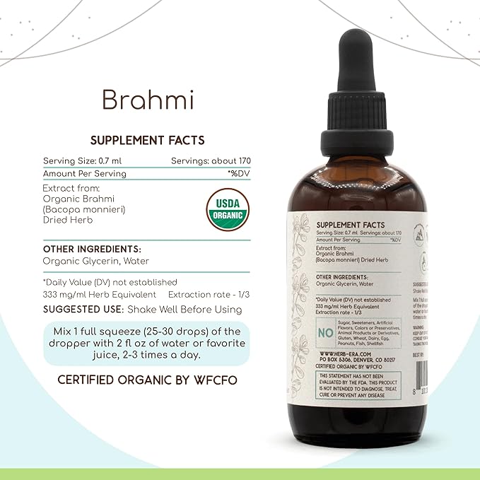 Brahmi B120 USDA Organic Tincture | Alcohol-Free Extract, High-Potency Herbal Drops | Certified Organic Brahmi (Bacopa Monnieri) Dried Herb (2x4 fl oz)
