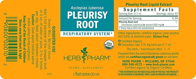 Herb Pharm Certified Organic Pleurisy Root Liquid Extract for Respiratory System Support 1 Fl Oz