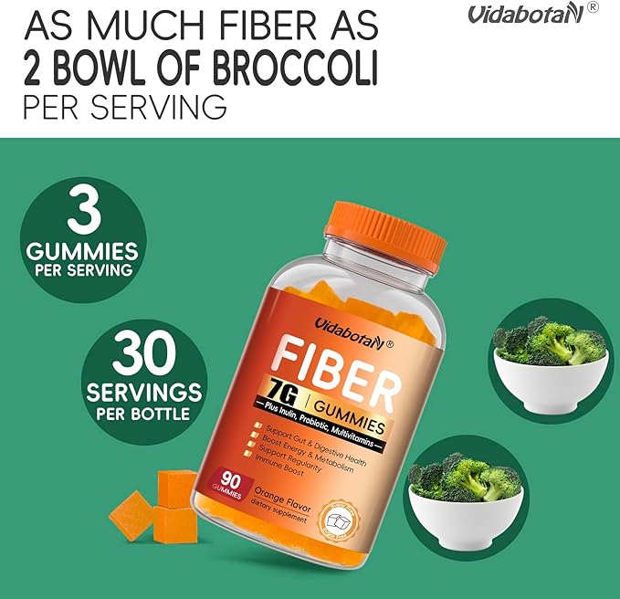Sugar Free Prebiotic Fiber Gummies for Adult-7G Fiber–Fiber Supplement with Inulin, Probiotic, Vitamins for Digestive & Gut Health and Regularity Support, Orange Flavor, 180 Gummies(Pack of 2)