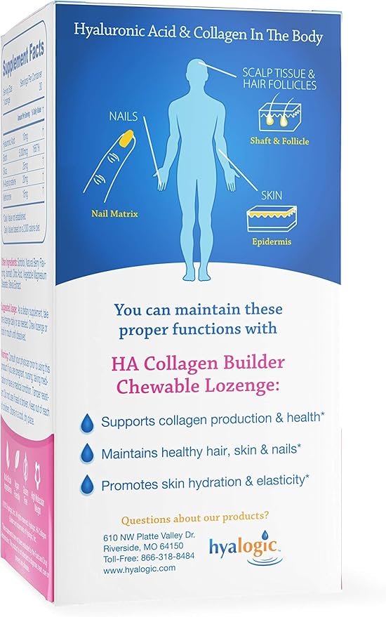 Hyalogic Hair Skin & Nails Hyaluronic Acid Collagen Builder – Delicious Berry Flavored Collagen Boost Chewable Lozenges – Sugar Free Vegan Collagen Ideal to Enhance Your Natural Beauty – 30 Count