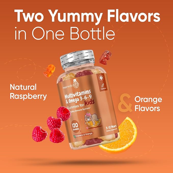 Kids Multivitamin Gummies & Omega 3, 6 & 9-120 Gummies (2 Months Supply) - for Healthy Immune System - Enriched with 12 Essential Vitamins - Natural Raspberry & Orange Flavor (3-12 Years)