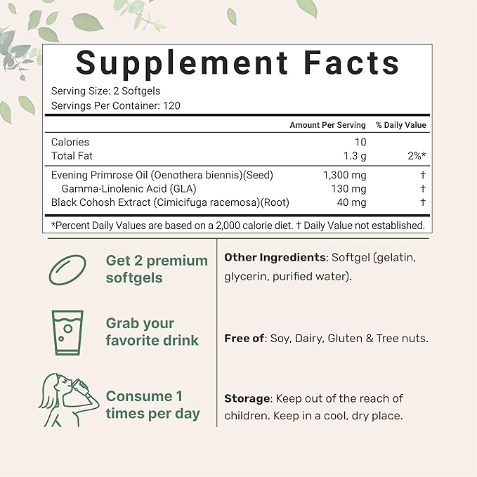 Micro Ingredients Evening Primrose Oil 1300mg Per Serving, 240 Softgels | Enhanced with 40mg Black Cohosh Extract, Cold Pressed – 10% Active GLA, Non-GMO, No Gluten, Easy to Swallow
