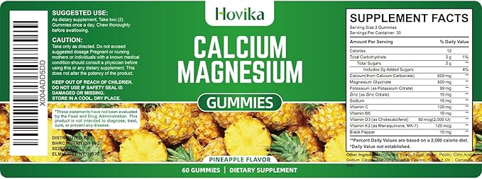 Calcium Magnesium Zinc Gummies with Vitamin D3, C, B6, K2, Potassium - Calcium for Kids & Adults - Magnesium Supplement Calm Gummies for Bone & Muscle & Immune Health, Pineapple Flavor - 60 Count