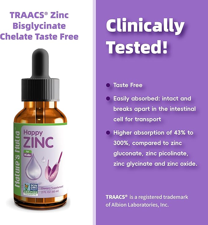 Nature's Nutra Happy Zinc, Premium Liquid Zinc for Baby, Infant, Kids and Children, TRAACS Chelate Zinc, High Bioavailability, Non-GMO, Kosher, 2 Fl. Oz (60ml)